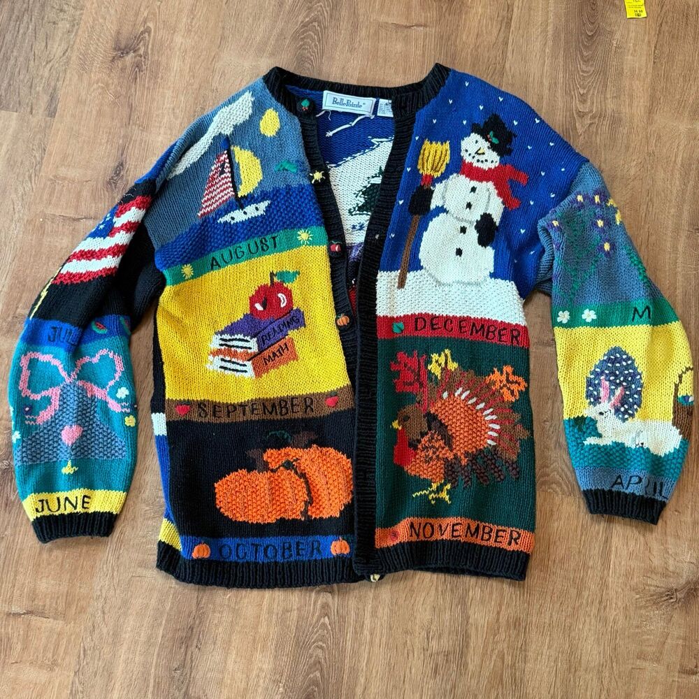 Vintage Belle Pointe Holiday Halloween XMas Grandma Knit Cardigan Sweater Large